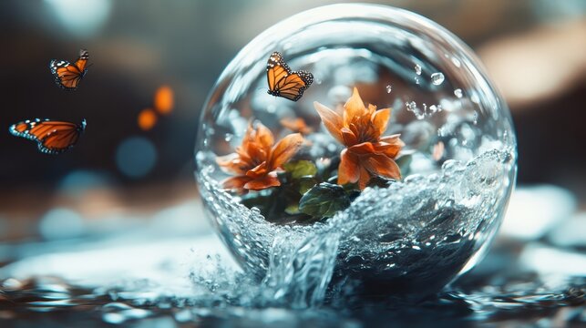 A stunning glass sphere filled with flowers and water captures the beauty of nature, surrounded by butterflies dancing symbolically through a serene environment. - Powered by Adobe