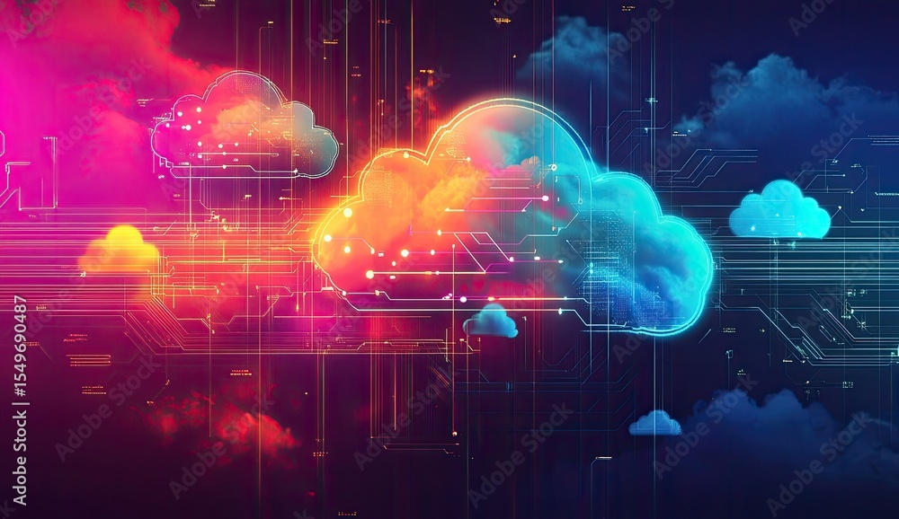 Poster abstract cloud computing graphic. colorful interconnected clouds on a circuit board-like background