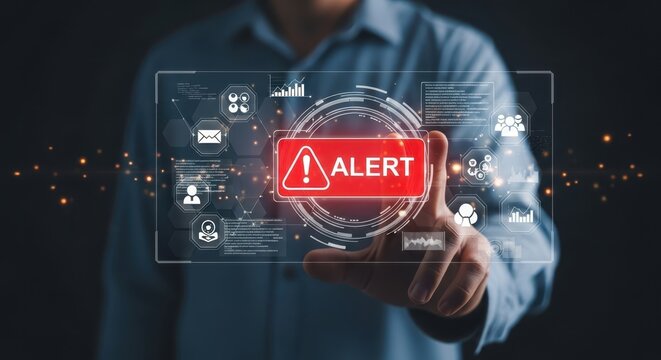 Photo of a hand touches a digital alert screen showing a red alert button and various icons