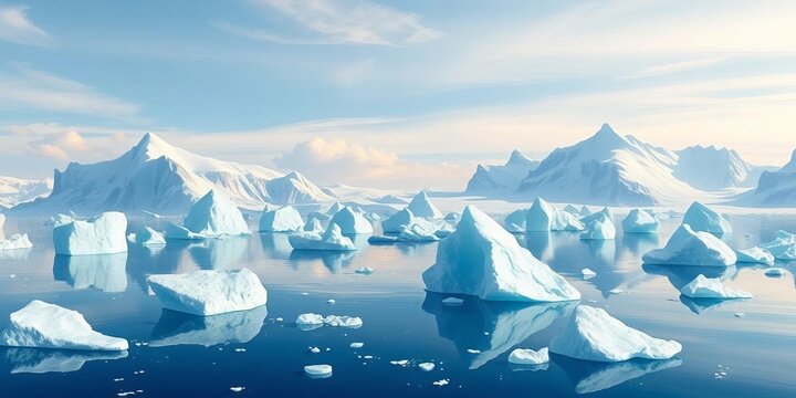 Beautiful vector illustration of floating icebergs, glaciers, and ice mountains in a serene arctic sea,  pristine,  serene
