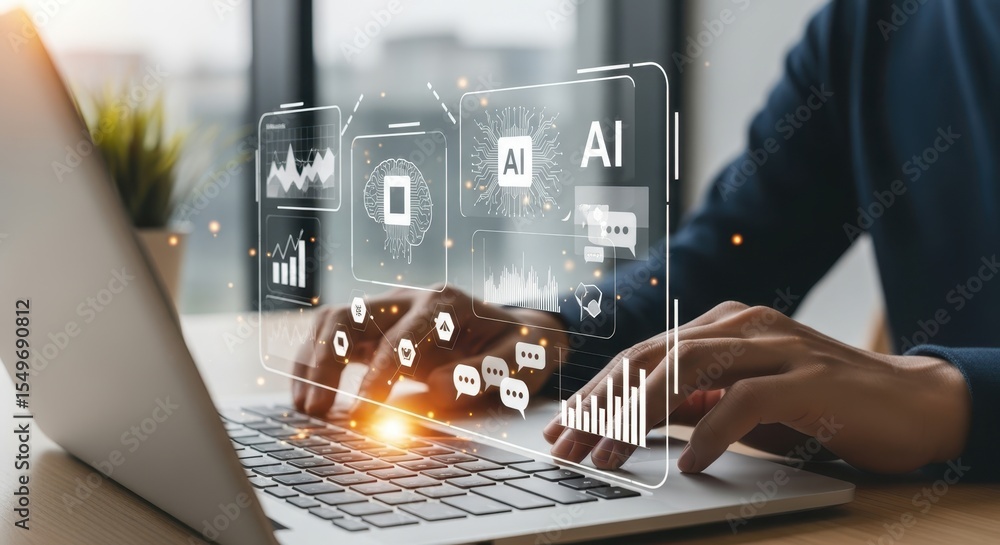 Aufkleber photo of a person uses a laptop with a futuristic ai interface showing data analysis charts and comm