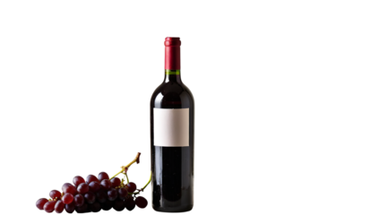 Bottle of Red Wine with Grapes on Table – Natural Light, Clean Background