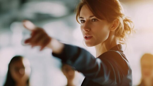 Confident Leadership: A captivating view of a female leader at the helm, confidently addressing a room, embodying assertiveness and drive while inspiring her audience.