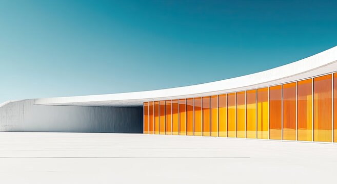 Curved white building with orange windows against a clear sky