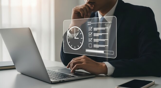 Photo of a businessman uses a laptop with a digital interface showing a checklist and clock icon