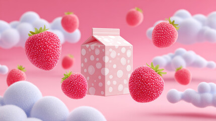Milk carton and strawberries floating on pink background