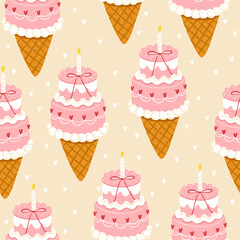 Cute vector seamless pattern with pastel pink bento cake ice cream cones decorated with tiny hearts, bows, and candle. Hand-drawn crayon style. Perfect for Valentines Day, birthday decor, packaging