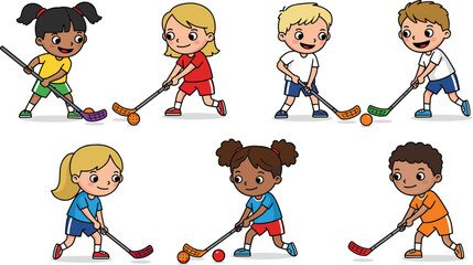 Happy Diverse Kids Playing Floorball or Hockey Outdoors, Engaged in Fun Sports Activity and Healthy Exercise, Joyful Children Learning Teamwork and Coordination