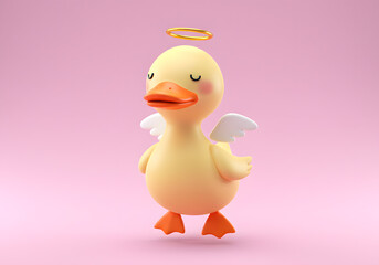 Smiling angel duckling on pink background