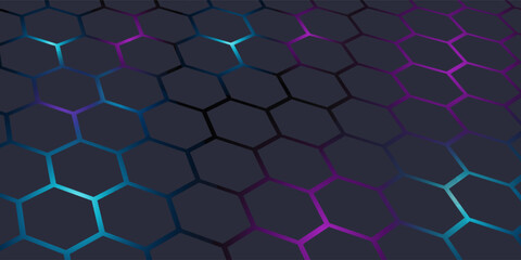 Fototapeta premium Dark gray 3D hexagonal technology vector abstract background. Blue and pink energy flashes under hexagon in modern technology futuristic background vector illustration. Grey honeycomb texture grid.