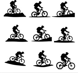 Obraz premium Mountain Bikers Riding Silhouettes Set vector bundle