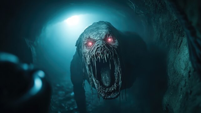 An unnerving image depicting a terrifying monster lurking in a dark underground tunnel, illuminated by light, creating an atmosphere filled with fear and suspense.