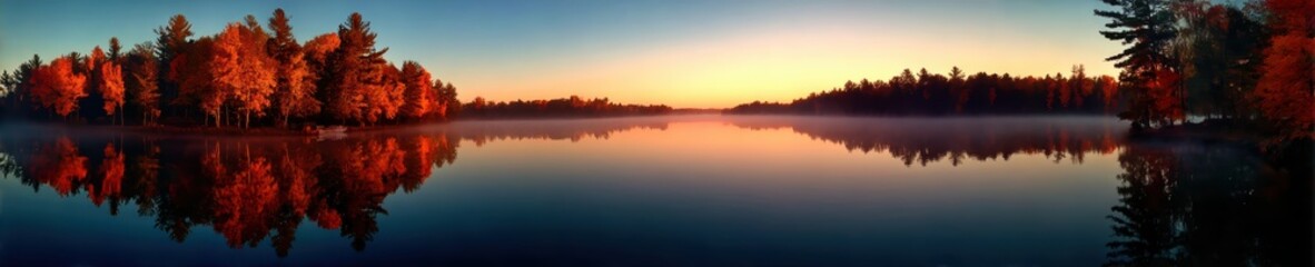 Fototapeta premium Tranquil lake reflection photo of autumn forest hues with morning mist rising at dawn
