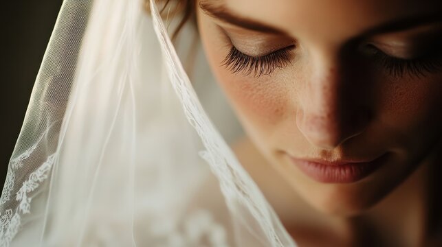An intimate close-up portrait of a bride in soft natural light, showcasing her beauty and tranquility as she prepares for her special day with grace and elegance.