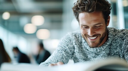 A cheerful man with curly hair smiles while reading a book in a cozy cafe, reflecting the joy of leisure and the pleasures of enjoying life through literature and social spaces.