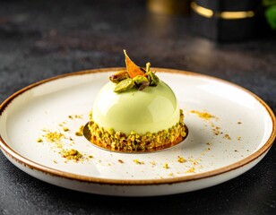 Michelin-Star-Worthy Pistachio Dessert with White Chocolate and Gold Accents on Fine China Plate