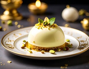 Michelin-Star-Worthy Pistachio Dessert with White Chocolate and Gold Accents on Fine China Plate
