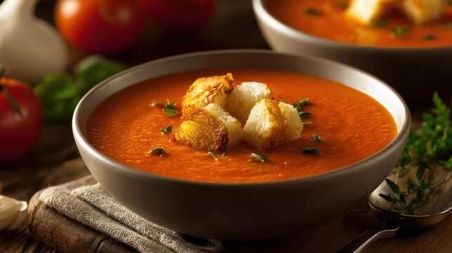 Creamy tomato basil soup with garlic crouton garnish on a softly blurred farmhouse kitchen background under perfect lighting