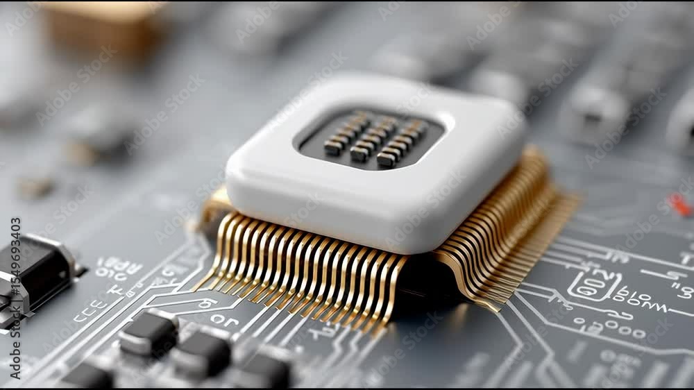 Poster digital fortress: an eye-level perspective unveils the intricate details of a microchip security sys