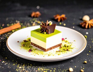 Michelin-Star-Worthy Pistachio Dessert with White Chocolate and Gold Accents on Fine China Plate