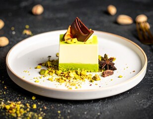 Michelin-Star-Worthy Pistachio Dessert with White Chocolate and Gold Accents on Fine China Plate