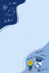 Vertical school education framework template with globe, books ,master  graduation cap and math graph background with free copy space.