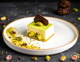Michelin-Star-Worthy Pistachio Dessert with White Chocolate and Gold Accents on Fine China Plate
