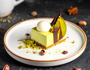 Michelin-Star-Worthy Pistachio Dessert with White Chocolate and Gold Accents on Fine China Plate