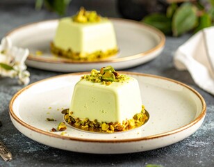 Michelin-Star-Worthy Pistachio Dessert with White Chocolate and Gold Accents on Fine China Plate
