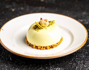 Michelin-Star-Worthy Pistachio Dessert with White Chocolate and Gold Accents on Fine China Plate