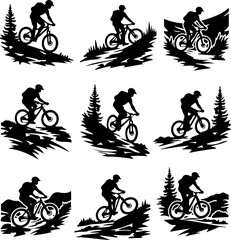 mountain Biker Riding Uphill on Rugged Terrain hiking man vector