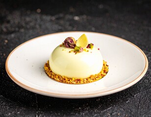 Michelin-Star-Worthy Pistachio Dessert with White Chocolate and Gold Accents on Fine China Plate