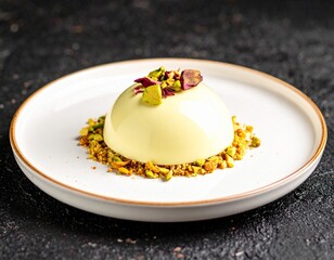 Michelin-Star-Worthy Pistachio Dessert with White Chocolate and Gold Accents on Fine China Plate