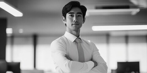 A confident young business man in a professional office work environment, dressed formally in a suit and tie with hands on his hips. He is smiling for the camera.