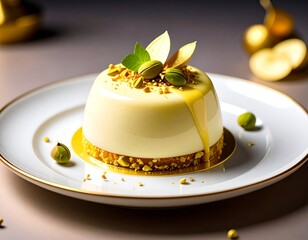 Michelin-Star-Worthy Pistachio Dessert with White Chocolate and Gold Accents on Fine China Plate