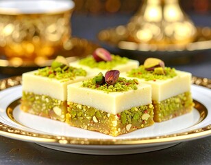 Michelin-Star-Worthy Pistachio Dessert with White Chocolate and Gold Accents on Fine China Plate