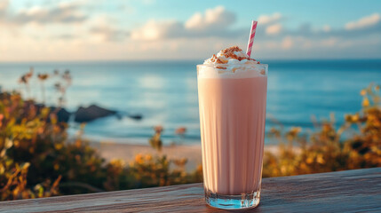 A beautiful glass of fruit creamy milkshake cocktail with a straw, elegantly placed wooden table overlooking a serene beach, offering perfect blend of refreshment scenic ocean view.copy space.Banner