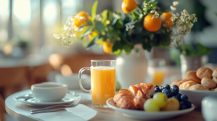 Delicious continental breakfast buffet with croissants, berries, citrus fruits, and fresh juice on a hotel table, warm morning sunlight and inviting atmosphere of gourmet dining experience