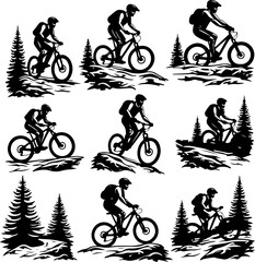 Obraz premium mountain Biker Riding Uphill on Rugged Terrain hiking man vector