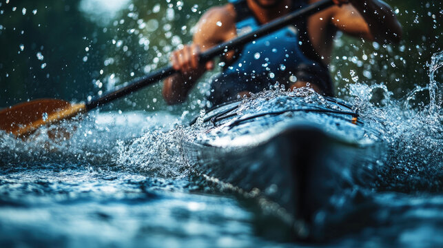 Close-up of a focused male athlete paddling a canoe through fast-moving water during a slalom competition, showing determination, strength, and control. Banner, copy space