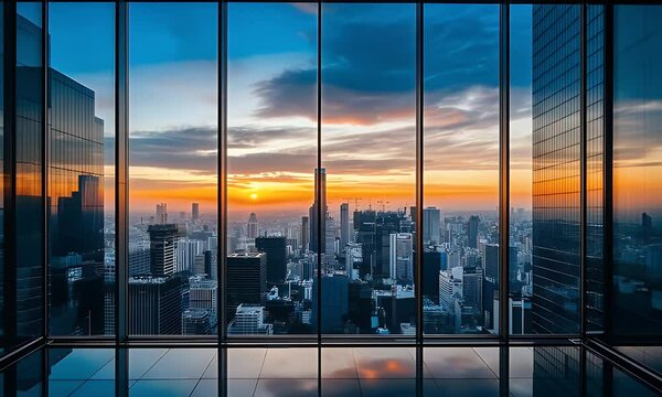 Cityscape Sunset Through Large Glass Windows Showcasing Urban Skyline and Skycraper Reflections with Warm Orange and