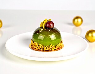 Michelin-Star-Worthy Pistachio Dessert with White Chocolate and Gold Accents on Fine China Plate