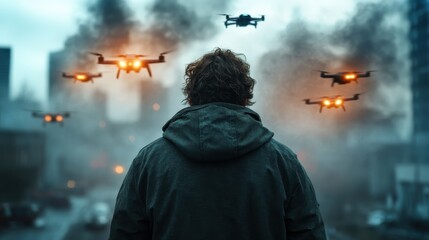 Naklejka premium A person watches with a worried expression as drones hover overhead in a smoky urban scene, reflecting themes of surveillance, technology, and modern anxiety.