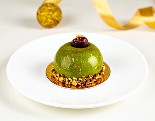 Michelin-Star-Worthy Pistachio Dessert with White Chocolate and Gold Accents on Fine China Plate