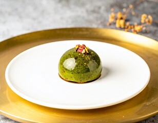 Michelin-Star-Worthy Pistachio Dessert with White Chocolate and Gold Accents on Fine China Plate