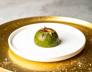 Michelin-Star-Worthy Pistachio Dessert with White Chocolate and Gold Accents on Fine China Plate