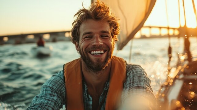 A joyful man enjoys sailing on the ocean as the sun sets, showcasing a sense of freedom, adventure, and connection with nature in a picturesque marine environment.