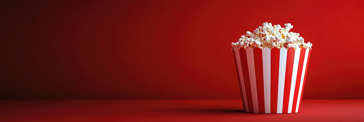 striped popcorn box on vibrant red background, classic cinema snack concept.banner, copy space, mockup