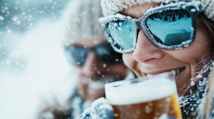Two friends clad in winter attire celebrate with frosty beers amidst falling snow, capturing camaraderie, joy, and the thrill of winter adventures and festivities.