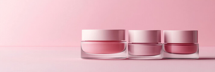 Three glass jars with white cosmetic cream on soft pink background, representing clean skincare, beauty routine essentials, and minimalist product presentation. Banner with copy space.Mock up
